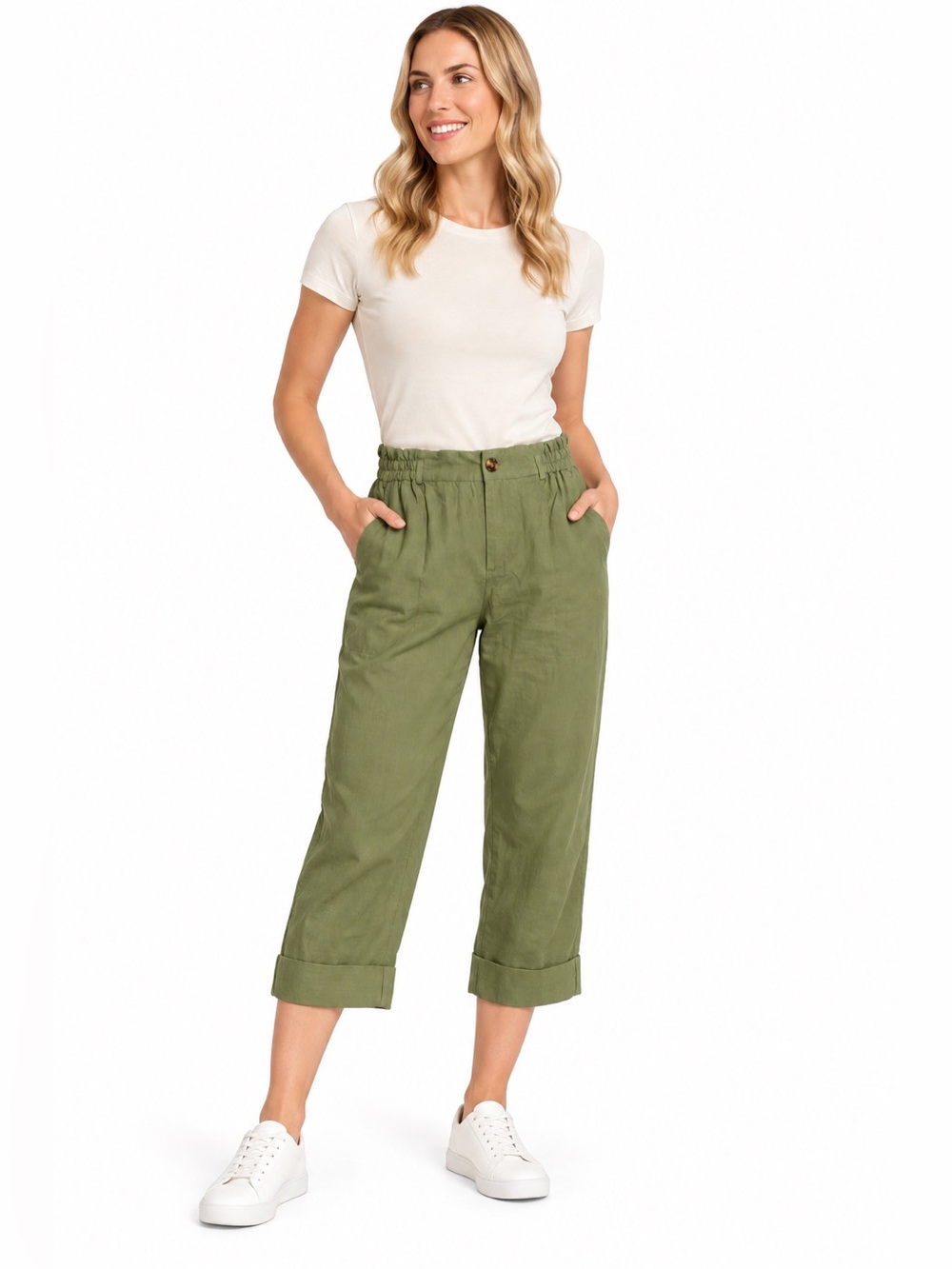 Olive Green Linen Blend Waist Cropped Pants